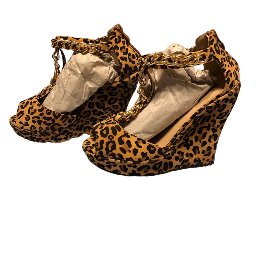 Delicacy Camel Leopard gold chain Wedge Sandals